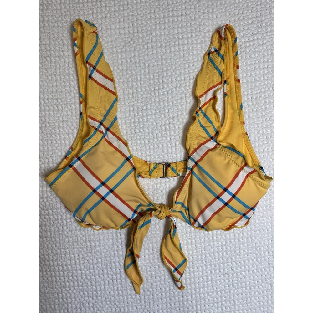 Hobie Check It Out Ruffle Tank Bralette Bikini Top Plaid Yellow Size Small